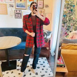 Vintage 80's Red Plaid Wool Blend Oversized Blazer